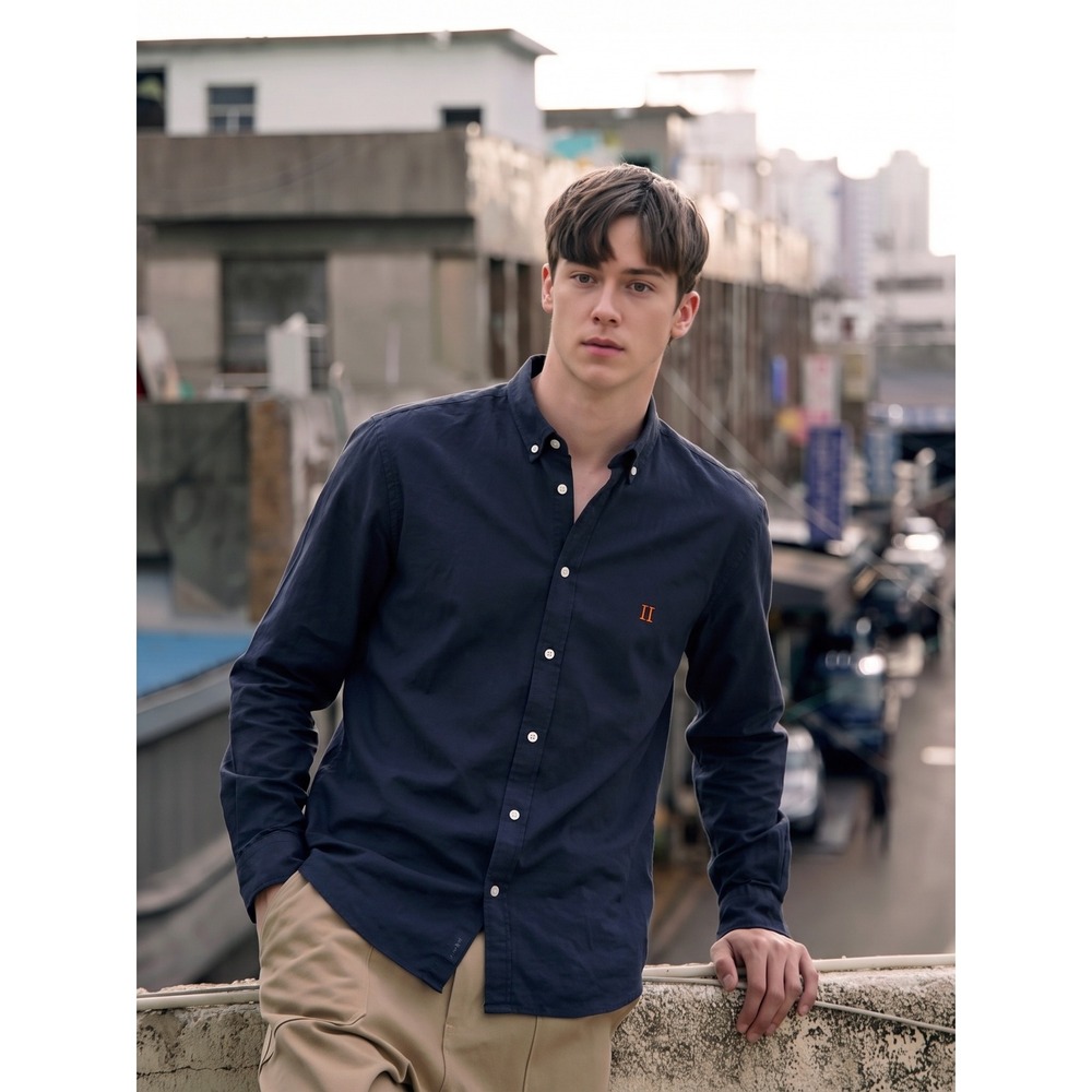 Les Deux Oliver Oxford Shirt Mens Medium Navy Blue Long Sleeve Button Down